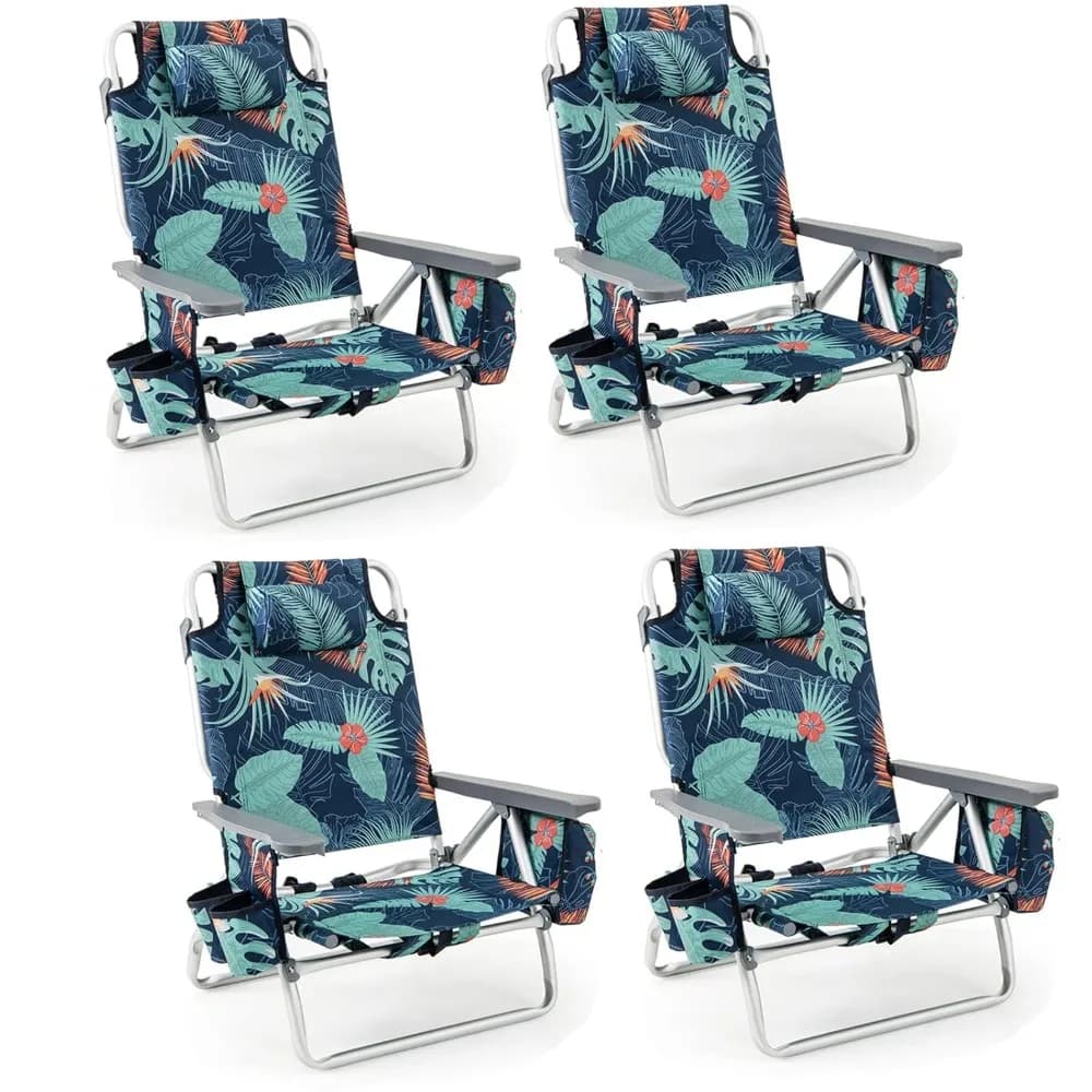 Sedia da Spiaggia Pieghevole, Sedie a Sdraio da Giardino con 5 Posizioni Regolabili, Cuscino per la Testa, Borsa Portaoggetti, Porta Asciugamani, Portabicchieri, Personalizzabile