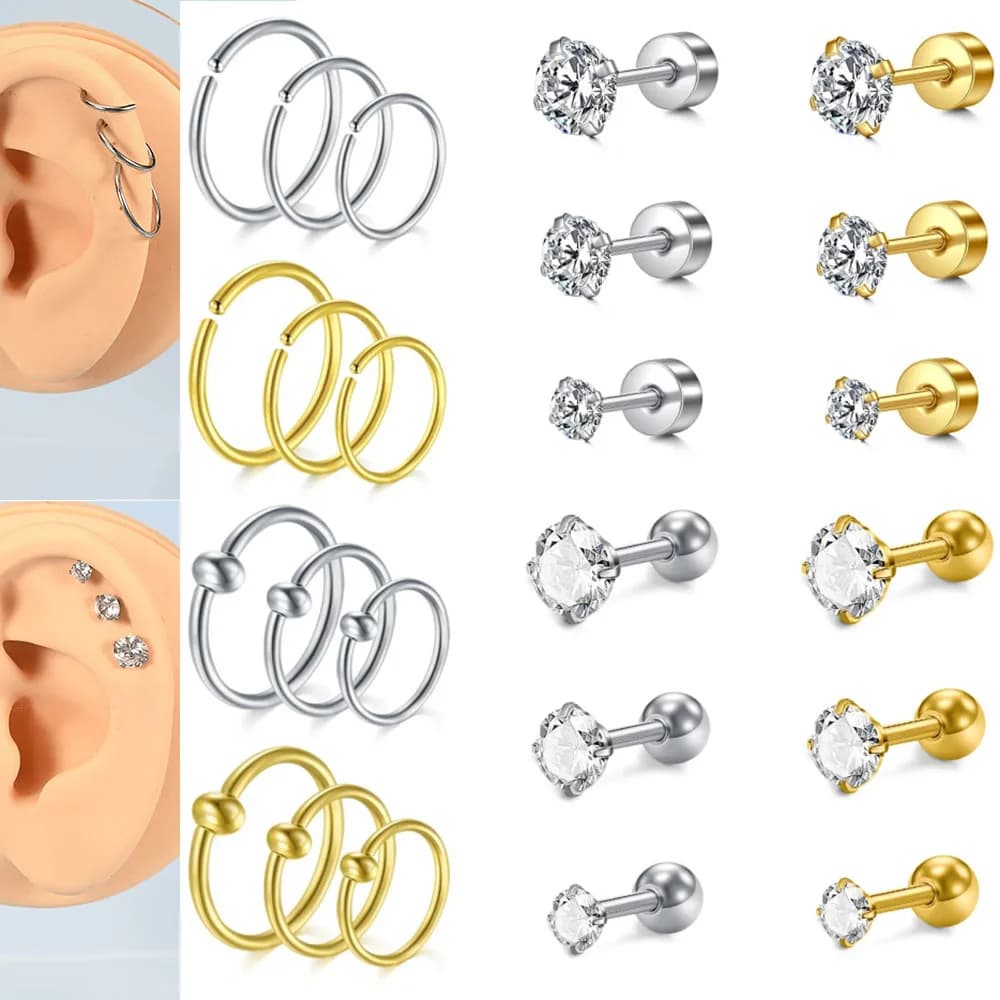 12pcs Earrings Kit Small Opening Nose Rings Silver Gold Earrings Stud Stainless Steel Zircon CZ Stud Ear Piercing Jewelry