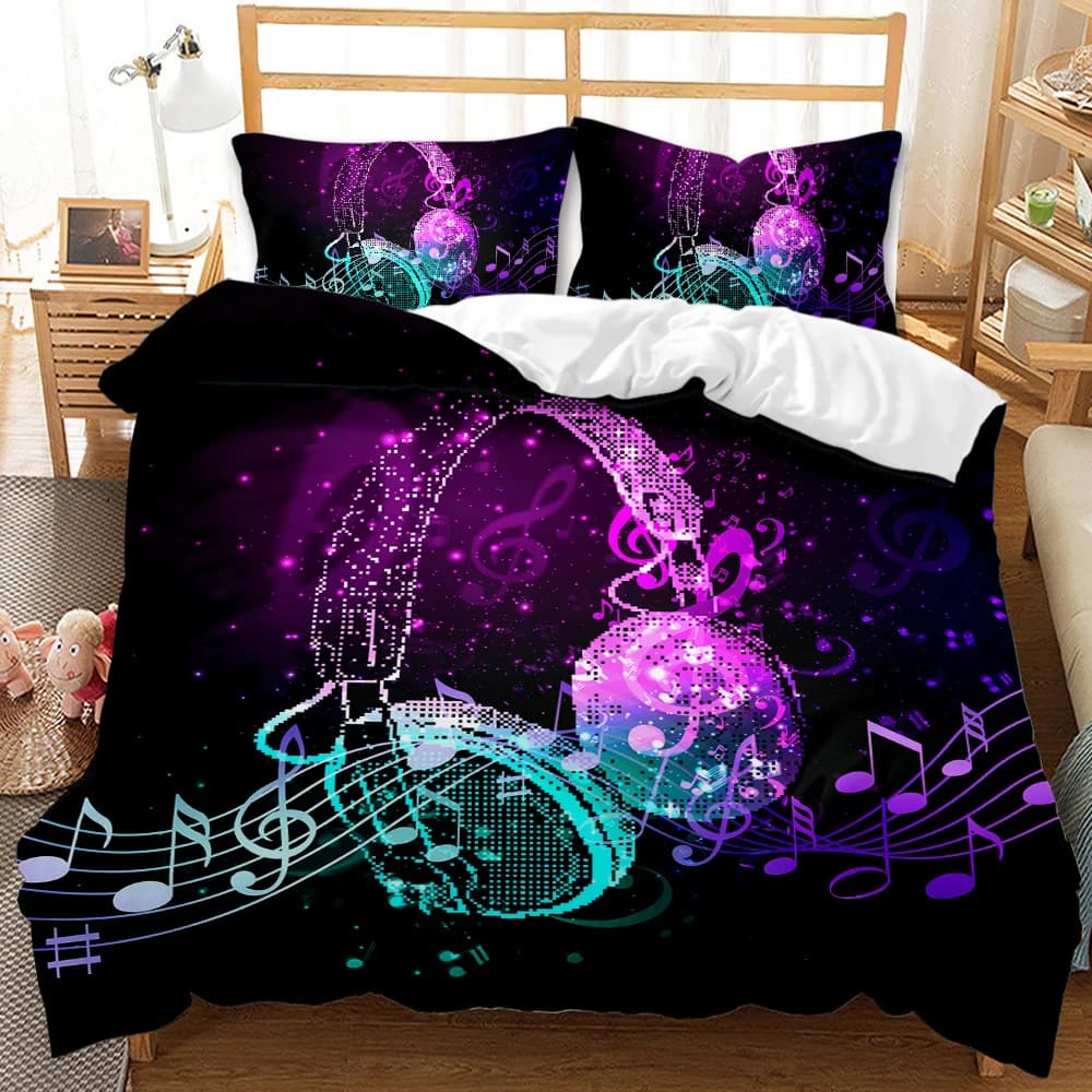 Headphones Set duvet Music rock Melody Notes Cover earphone Pink Set polyester bed linen for children Boy Girl King Size