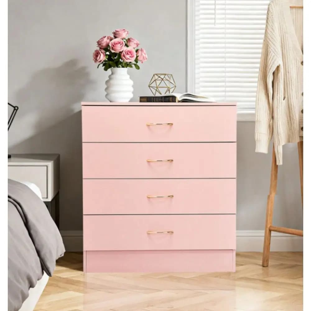 Pink 4Drawer Dresser With Gold Handles, Minimalist MDF Chest Of Drawers, AntiTip Safety Design, Smooth Metal Glides, Spacious S