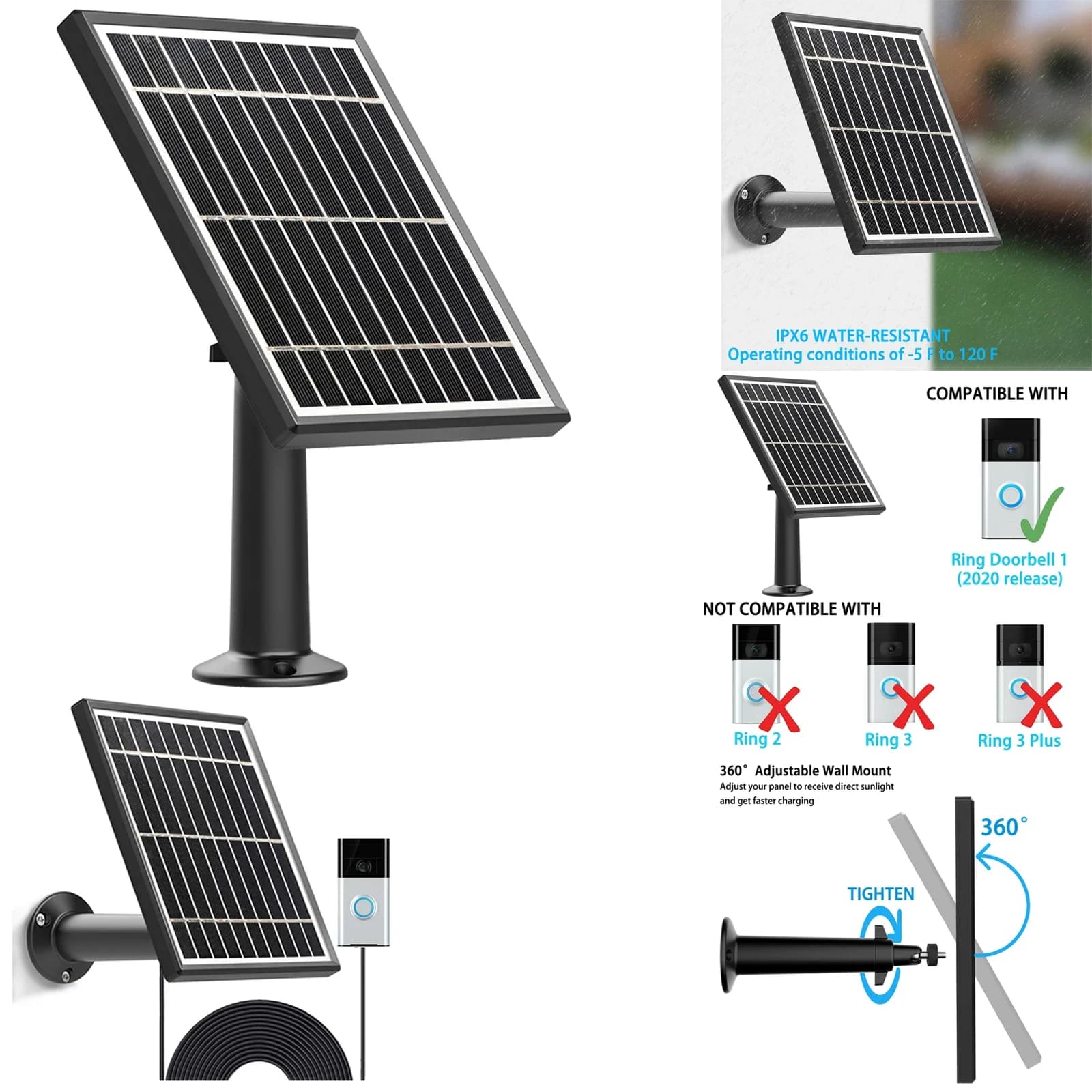 Solar panel for Ring Video Doorbell 1(1st Gen&2nd 2020)3.5W Output,Aluminum Alloy Bracke mount 13ft power cable