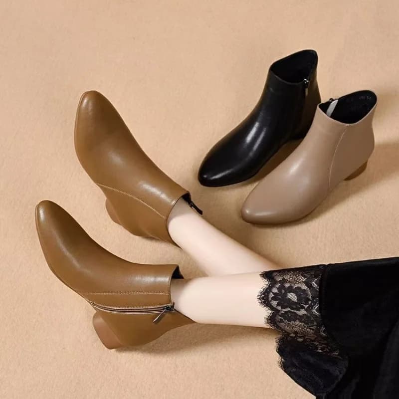 2025 Nuovi stivaletti in pelle da donna-Stivaletti con tacco basso con cerniera, stivali comodi con suola morbida per le madri, scarpe autunno/inverno