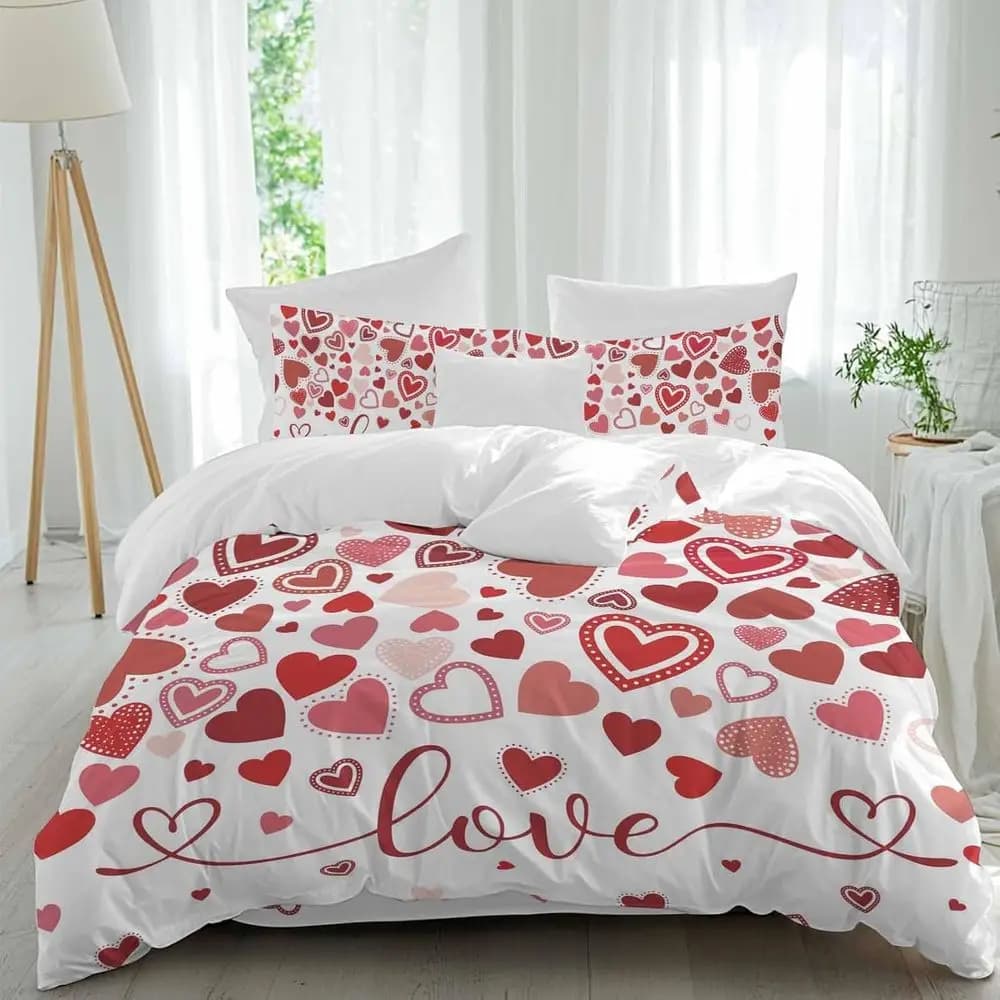 Set di Lenzuola per San Valentino, 4 Pezzi con Pois Rossi e Rosa, Copripiumino Traspirante, Set Biancheria da Letto Confortevole