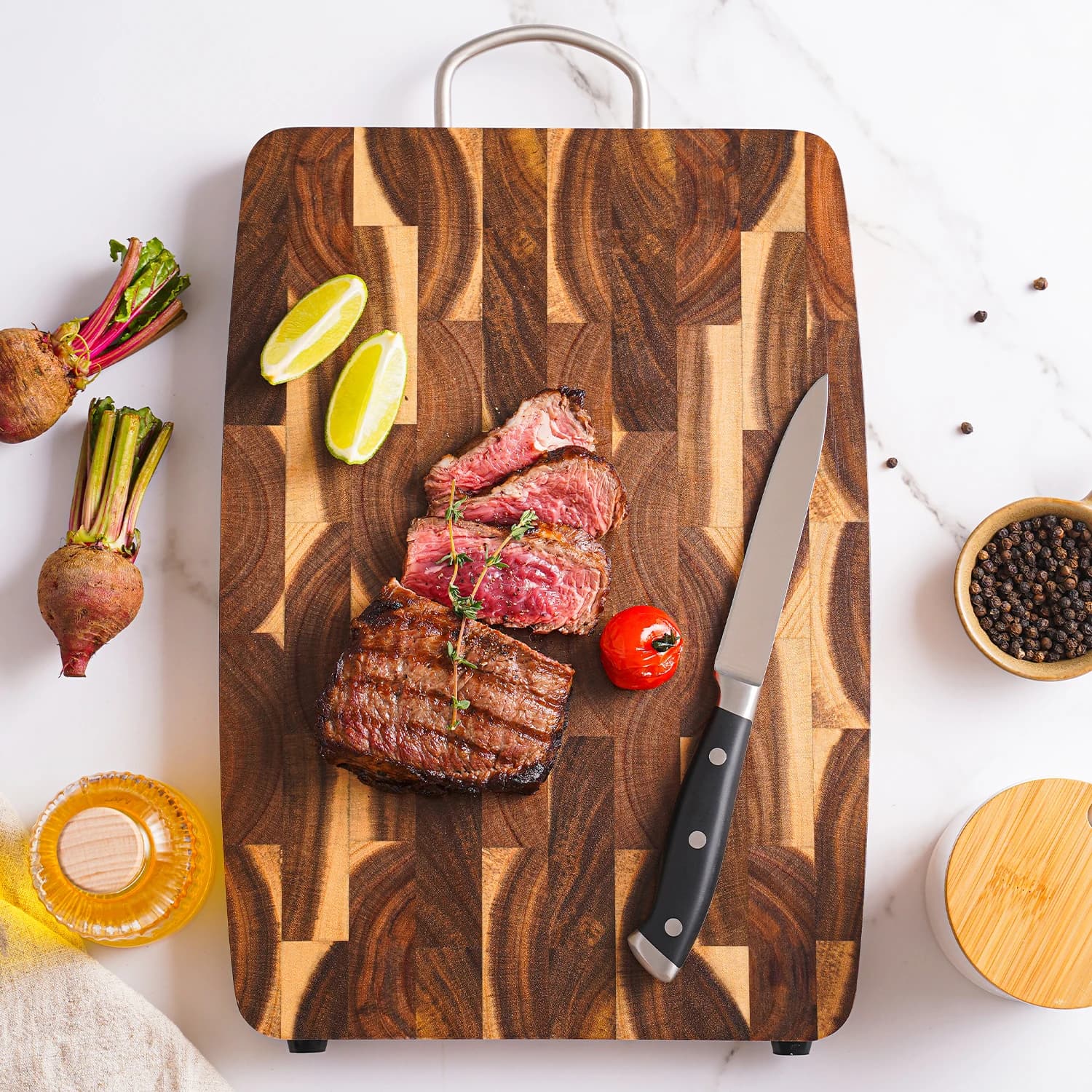 Tagliere in legno di acacia premium con blocco da macellaio a grana fine per cucina con manico