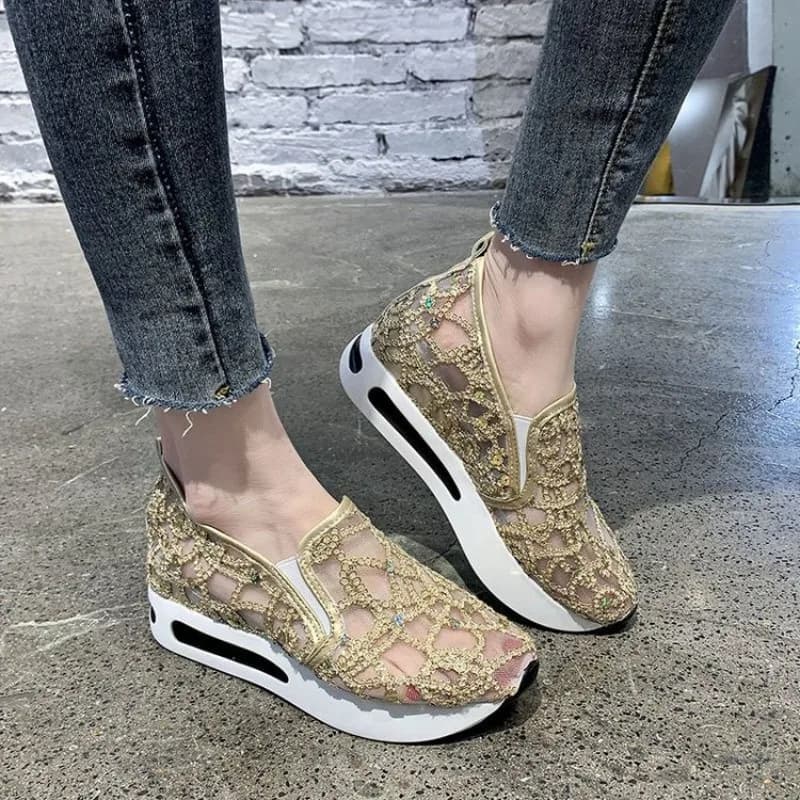 Scarpe da Donna con Zeppa, Sneakers Traspiranti in Rete con Paillettes, Scarpe con Plateau Oro e Argento, Scarpe Casual con Zeppa per Aumentare l'Altezza