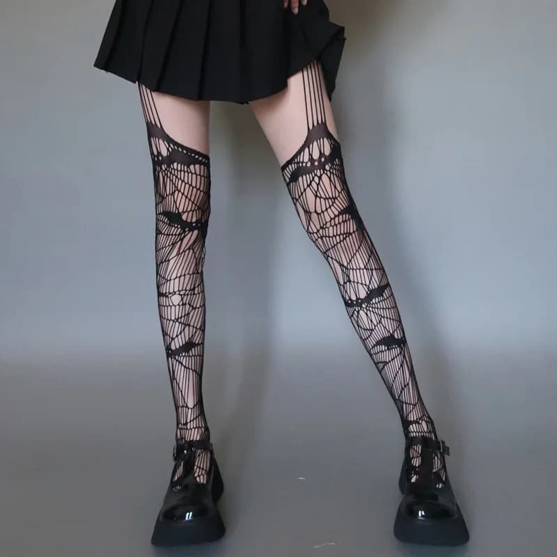 Teschio calze a rete da donna giarrettiera cava pipistrello gotico Leggings a rete scura Lolita JK collant Halloween Cosplay collant