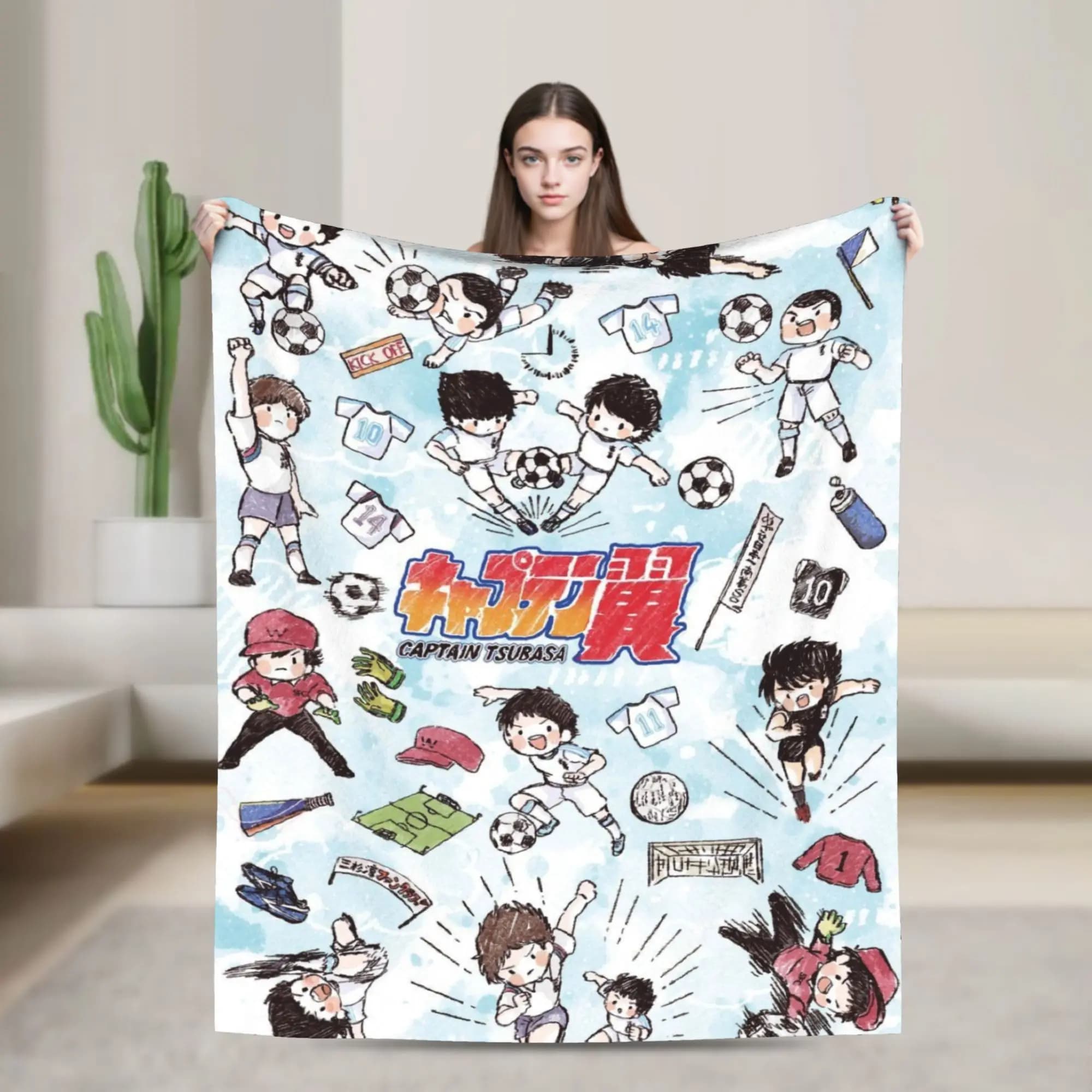 Capitano Tsubasa Coperta calda e morbida Coperta da tiro in peluche decorativa per cartoni animati da calcio Stampa Copriletto in flanella per soggiorno