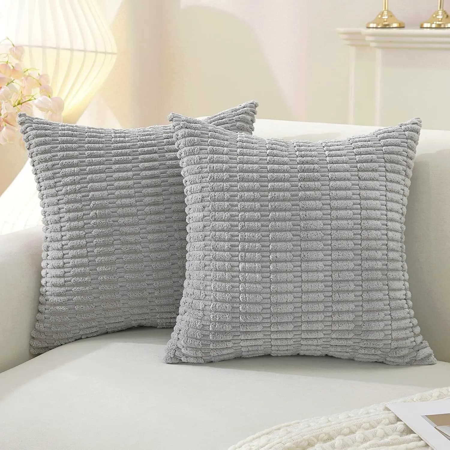 Fodere per cuscini decorativi in velluto a coste grigio, morbide, a righe, stile boho moderno, per l'arredamento di casa, divano, soggiorno, letto