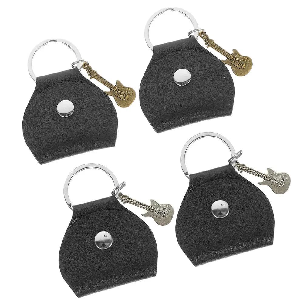 Set di 4 Portaplettro in PU e Metallo con Portachiavi, Piccola Custodia Portatile per Plettro con Ciondolo Decorativo a Forma di Chitarra, Ideale come Regalo