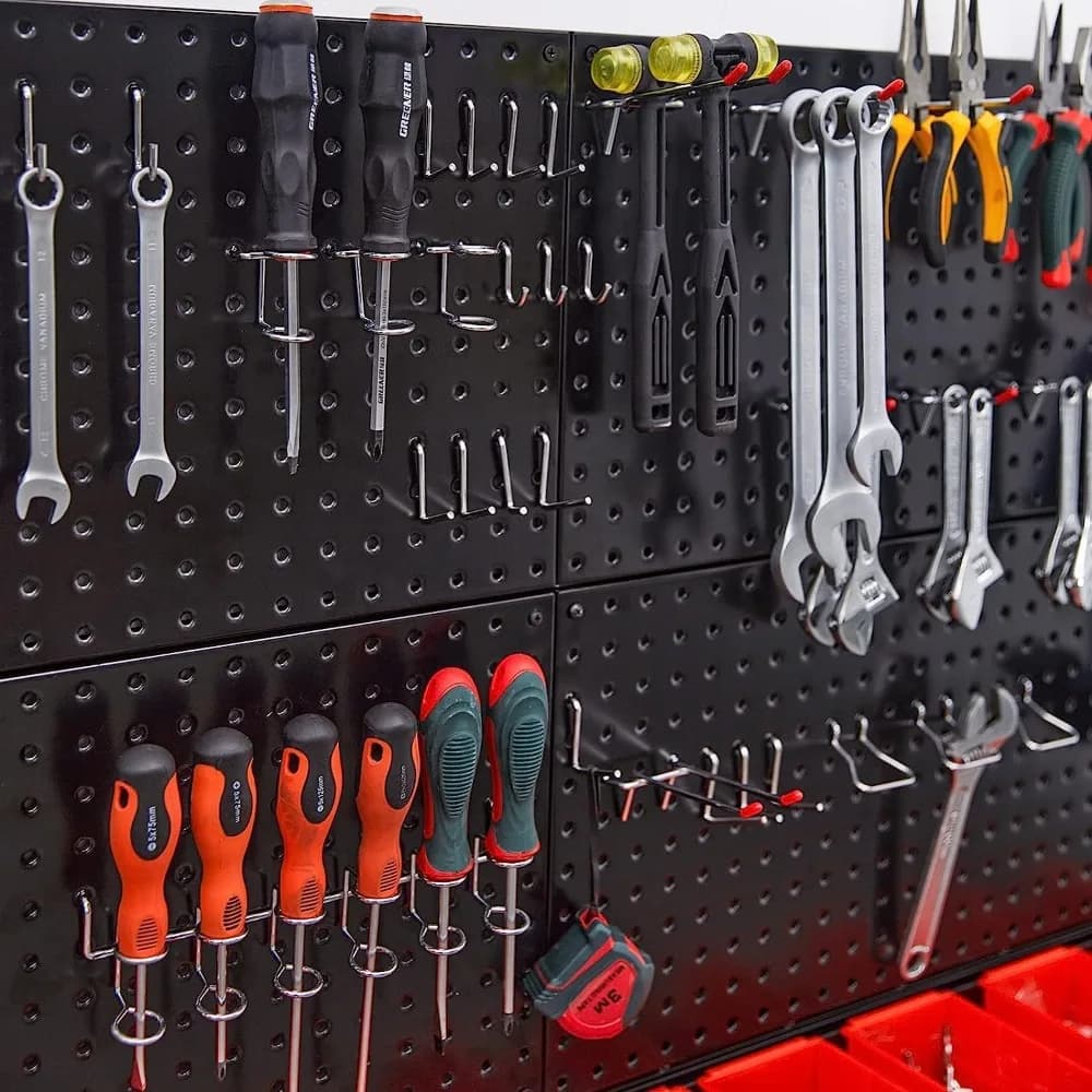 Pannelli a parete in metallo con 20 ganci (confezione da 2/4) - Sistema di organizzazione per attrezzi da garage in acciaio resistente, sistema a griglia per officina e lavanderia, scaffali multiuso