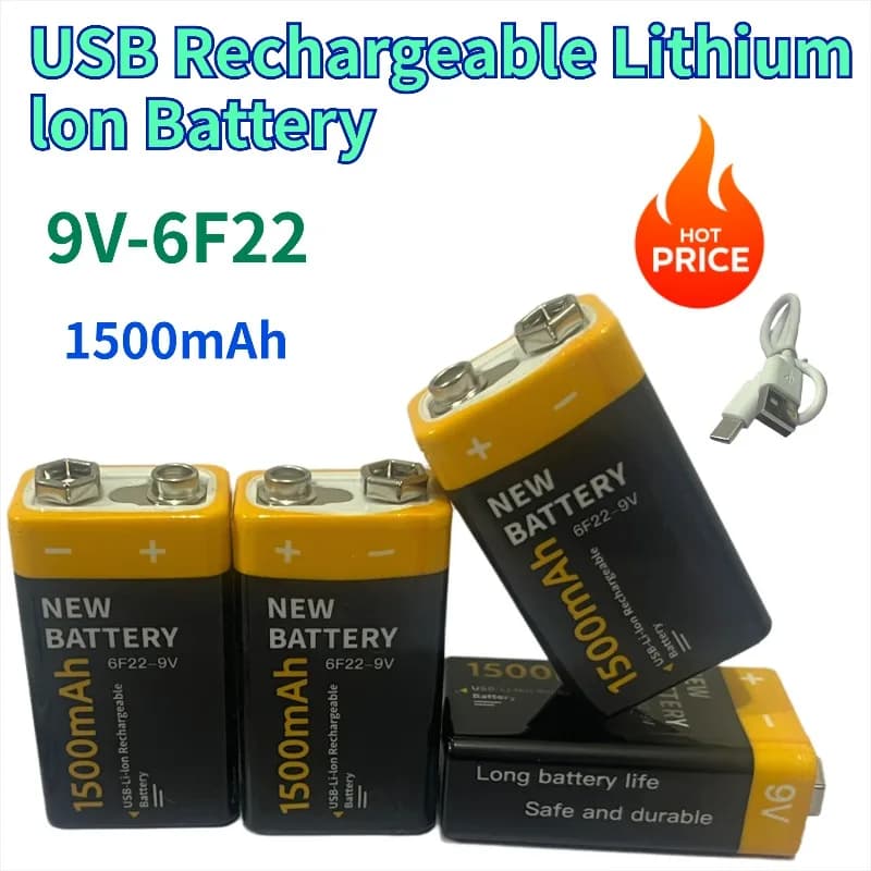 Nuovo 9V 6F22 USB ricaricabile agli ioni di litio 9V 6F22 1500mAh Batteria per sensore di fumo antincendio Sensore di gas Metal Detector Attrezzature antincendio