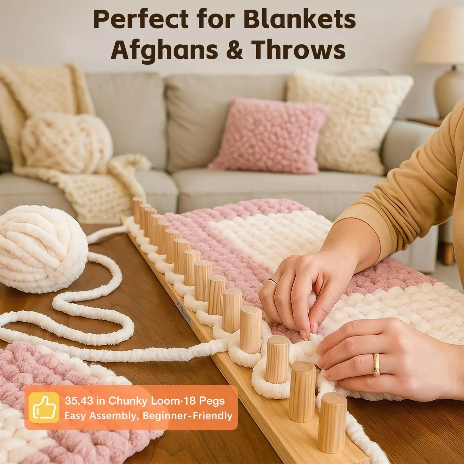 Blanket Knitting Loom 35 Inch Wood Chunky Yarn Loom Thick Yarn Weaving Tool Couch Sofa Blanket Knitting Machine for Beginners