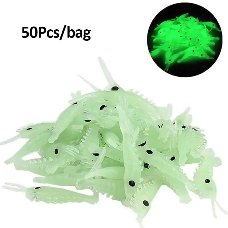50 Pezzi Esche Morbide Luminose in Silicone a Forma di Gamberetto, Verme Luminoso Simulato, Attrezzatura da Pesca, Esche e Artificiali