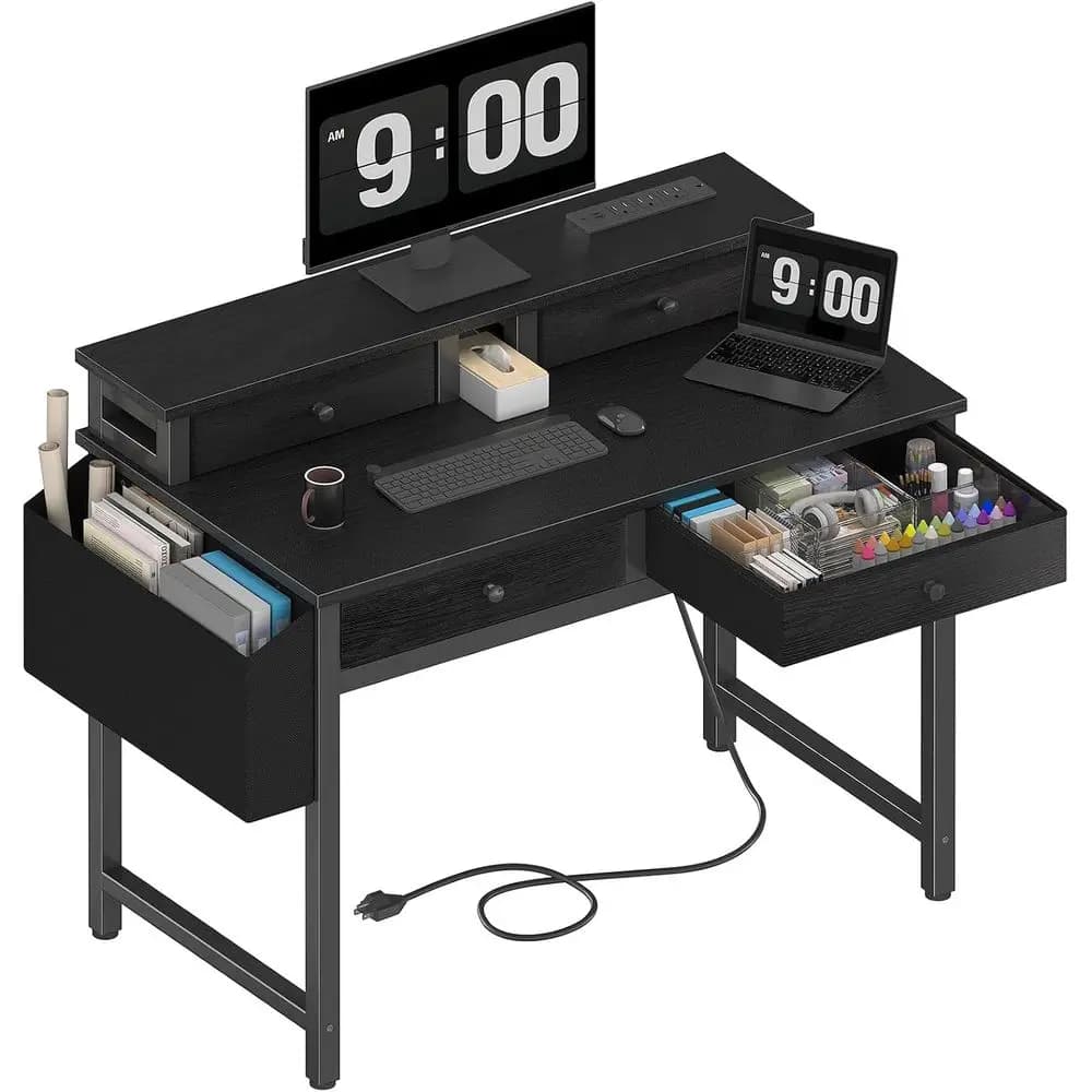Scrivania Compatta 31 Nera con Cassetti in Tessuto, Spazio di Archiviazione, Gaming, Presa di Corrente e Supporto Monitor per Ufficio Domestico o Camera da Letto