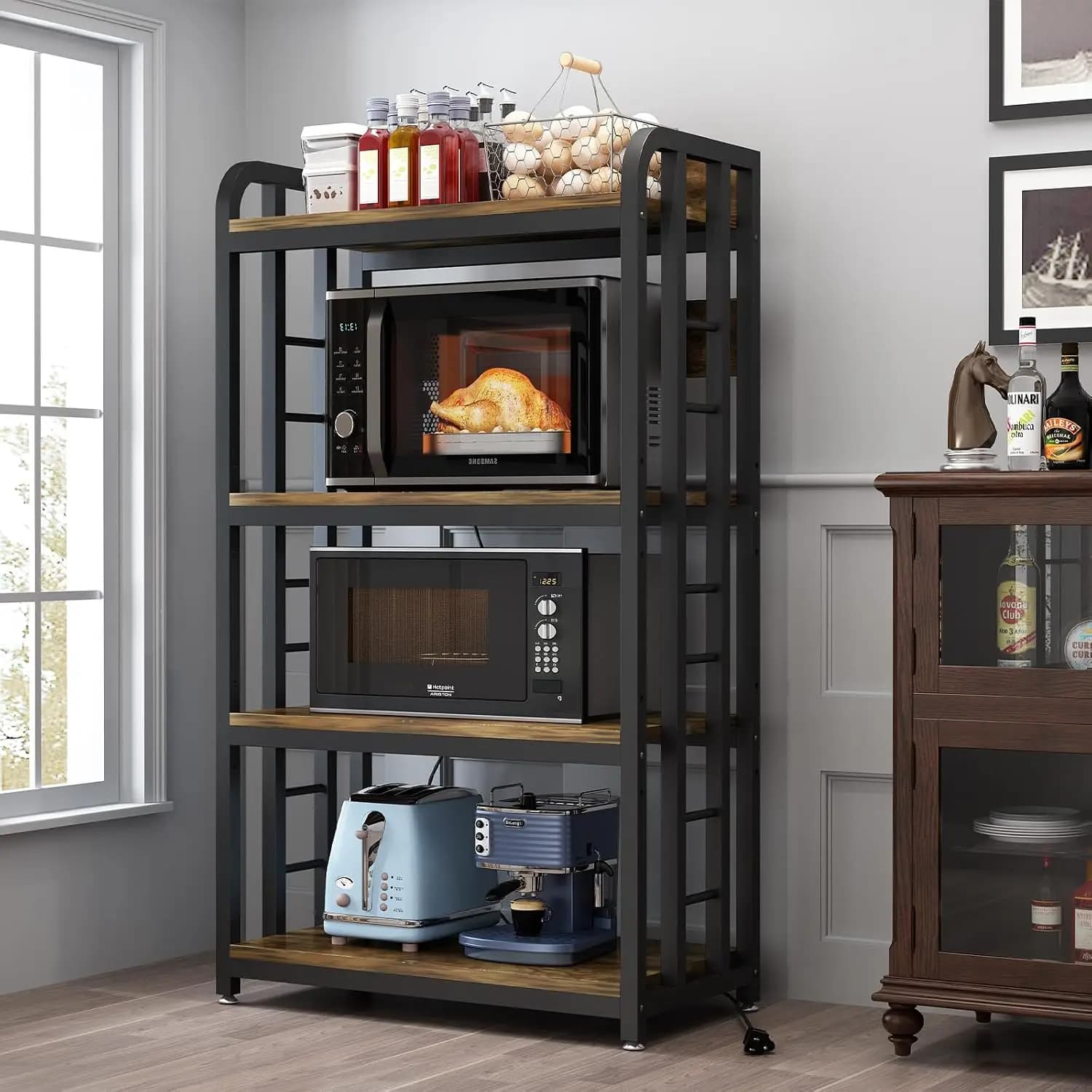 4 Tier Kitchen Bakers Rack With Power Outlet Freestanding Microwave Stand Utility Storage Shelf Countertop Organizer Appliance Workstation For Living Room Dining Room Coffee Bar