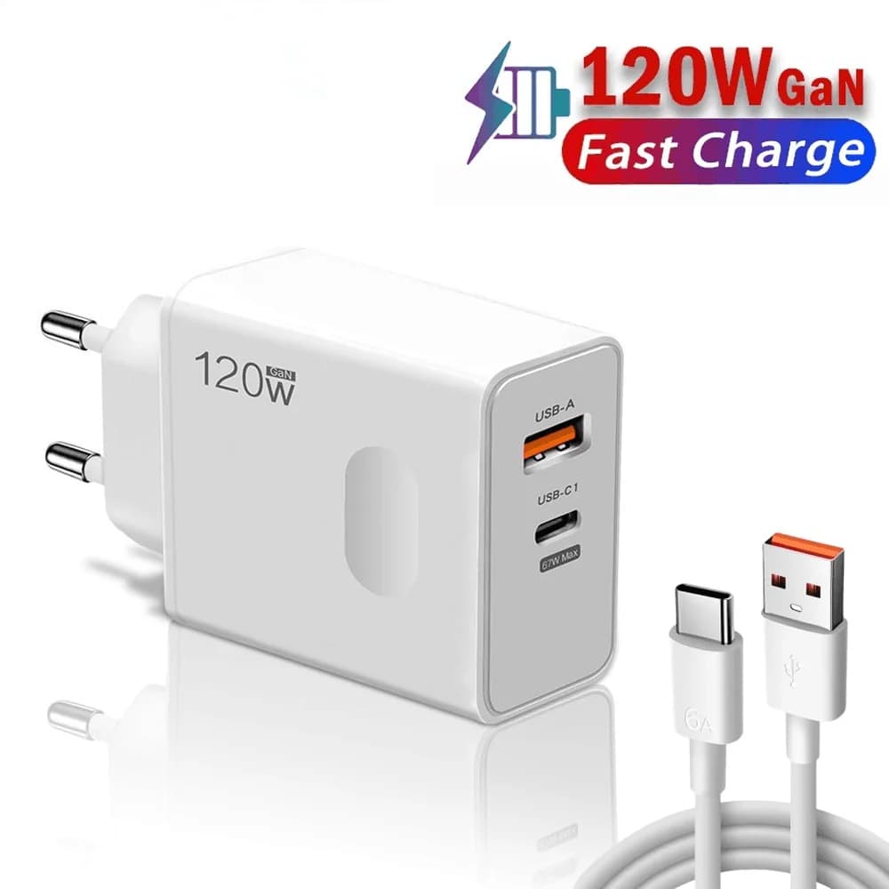 Caricatore USB GaN da 120W con ricarica rapida, adattatore da parete con spina EU/US per iPhone 16, Samsung, Xiaomi, Huawei, QC 3.0, caricatore rapido per cellulari.