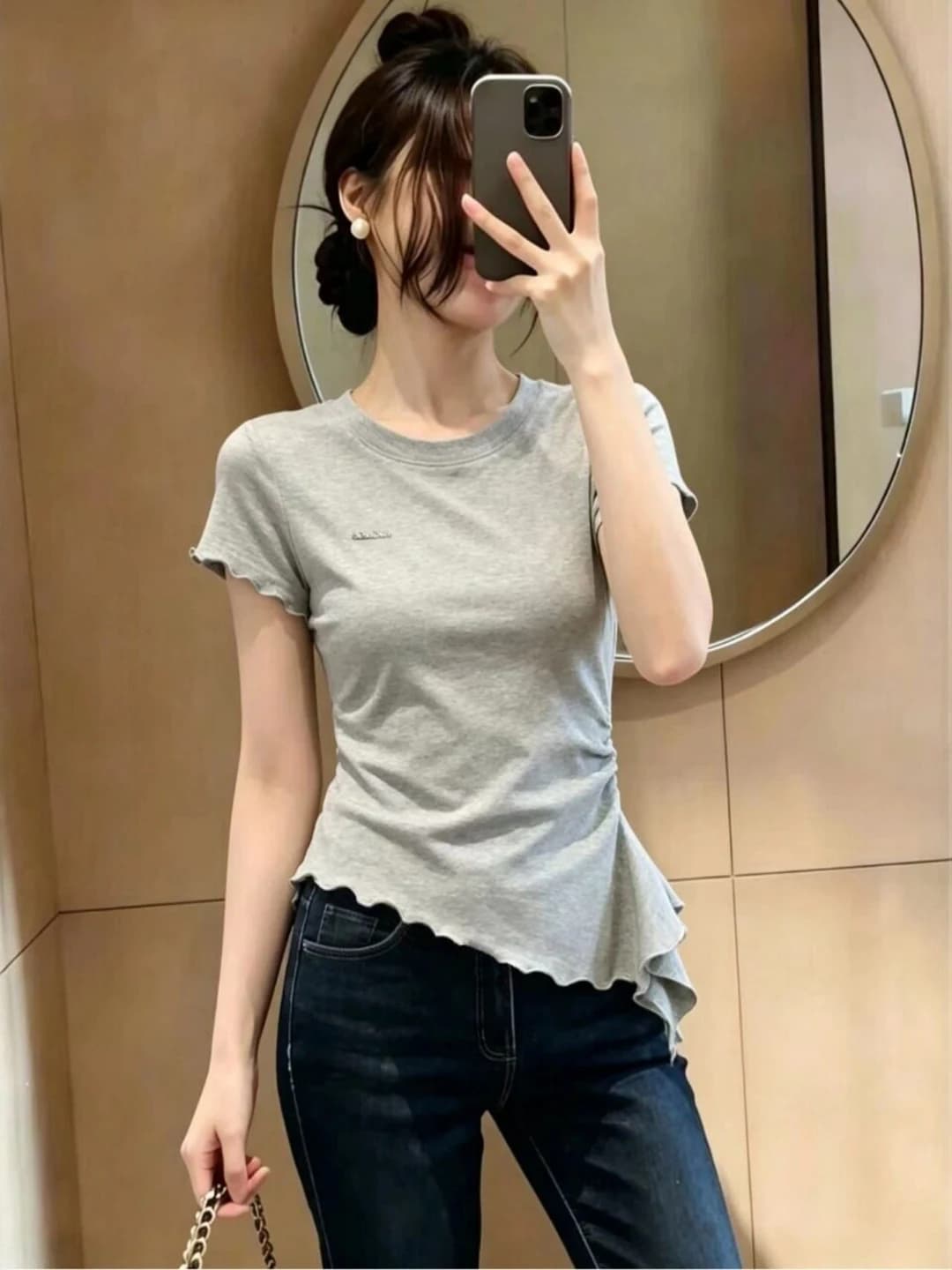 plus Size Women's Cotton T-Shirt Short Sleeve Waist Cinching Summer Slimming Wood Grain Ruffle Shoulder Top Korean Style