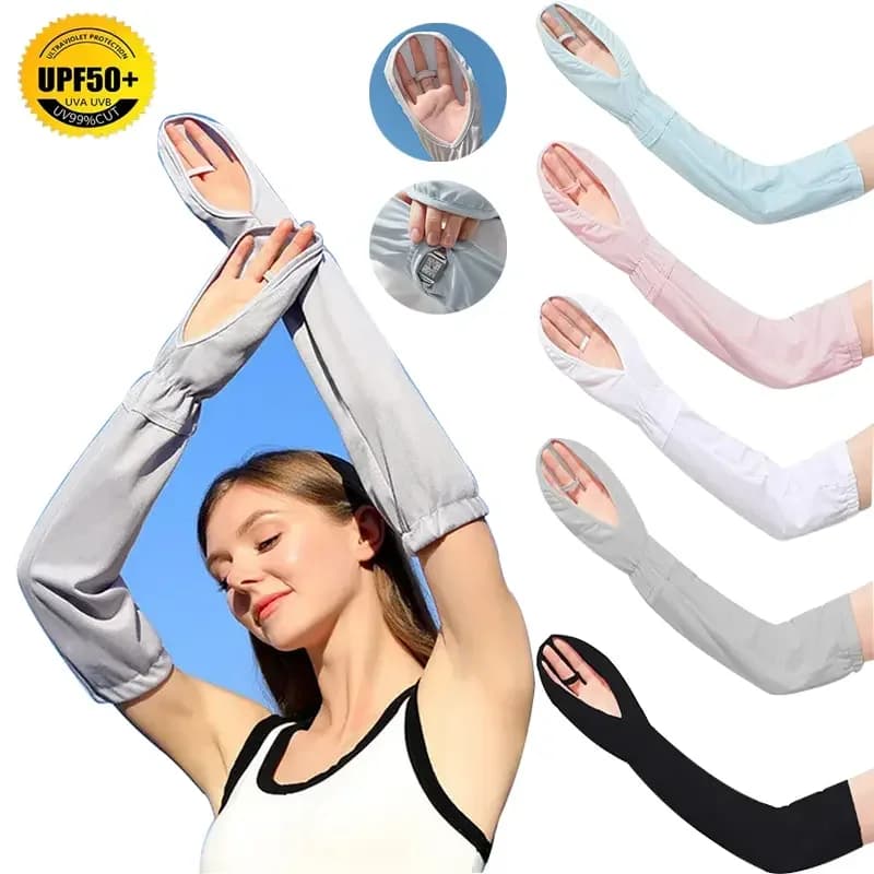 1Pair UPF50+ Sunscreen Sleeves Summer Loose Breathable Ice Silk UV Protection Gloves Arm Cover for Women Driving Cycling Hiking