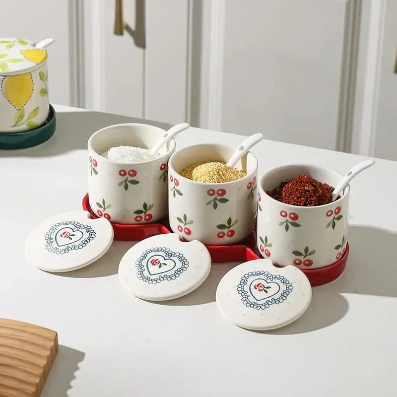 Set of 3 Porcelain Condiment Jars,Spice Container with Lid,Spoon and Tray,Spice Seasoning Boxes for Your Home,Kitchen Counter