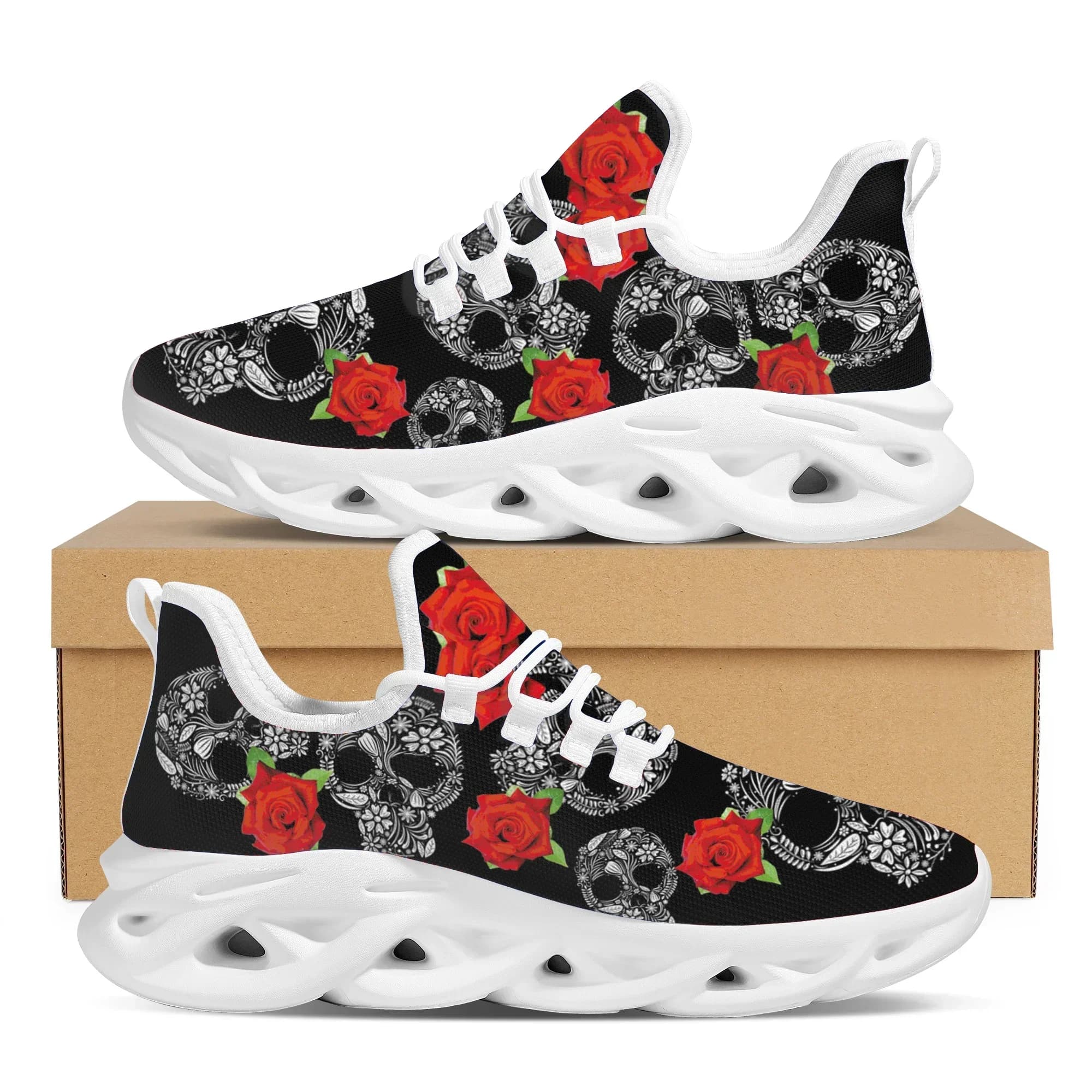 Fashionable women's running shoes, gothic style with skull, sneakers with laced plateaus, comfortable and non-slip, low shoes Zapatos Mujer