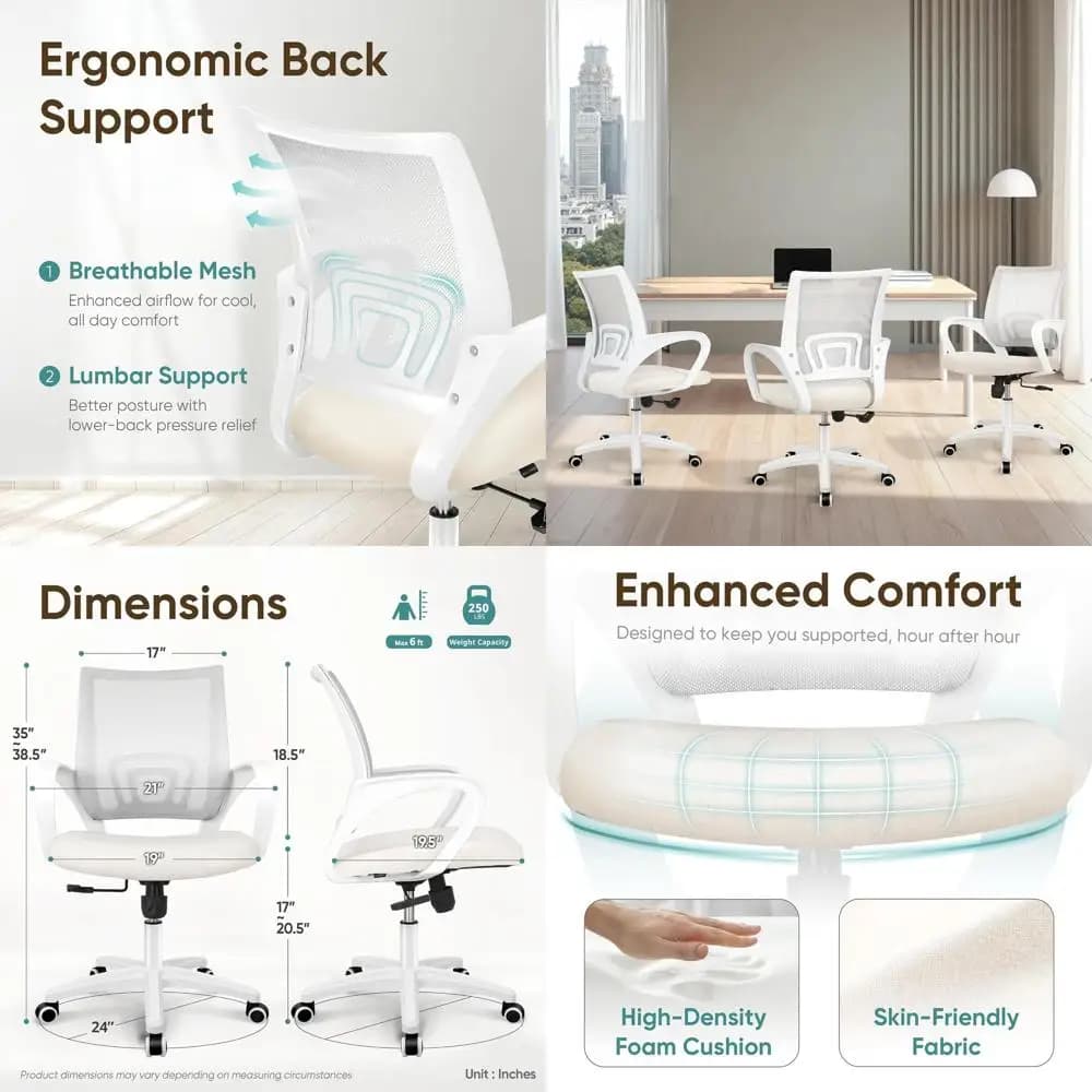 Sedia da ufficio ergonomica con schienale medio, supporto lombare, girevole, regolabile, con ruote, in rete, per casa e ufficio (Ivo