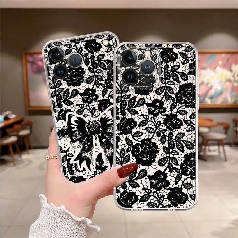 Black Lace Soft Phone Cover Case for iPhone 17 Pro Max 12 Mini 11 14 Plus XR 13 Pro 15 16 Air 17e XS Max
