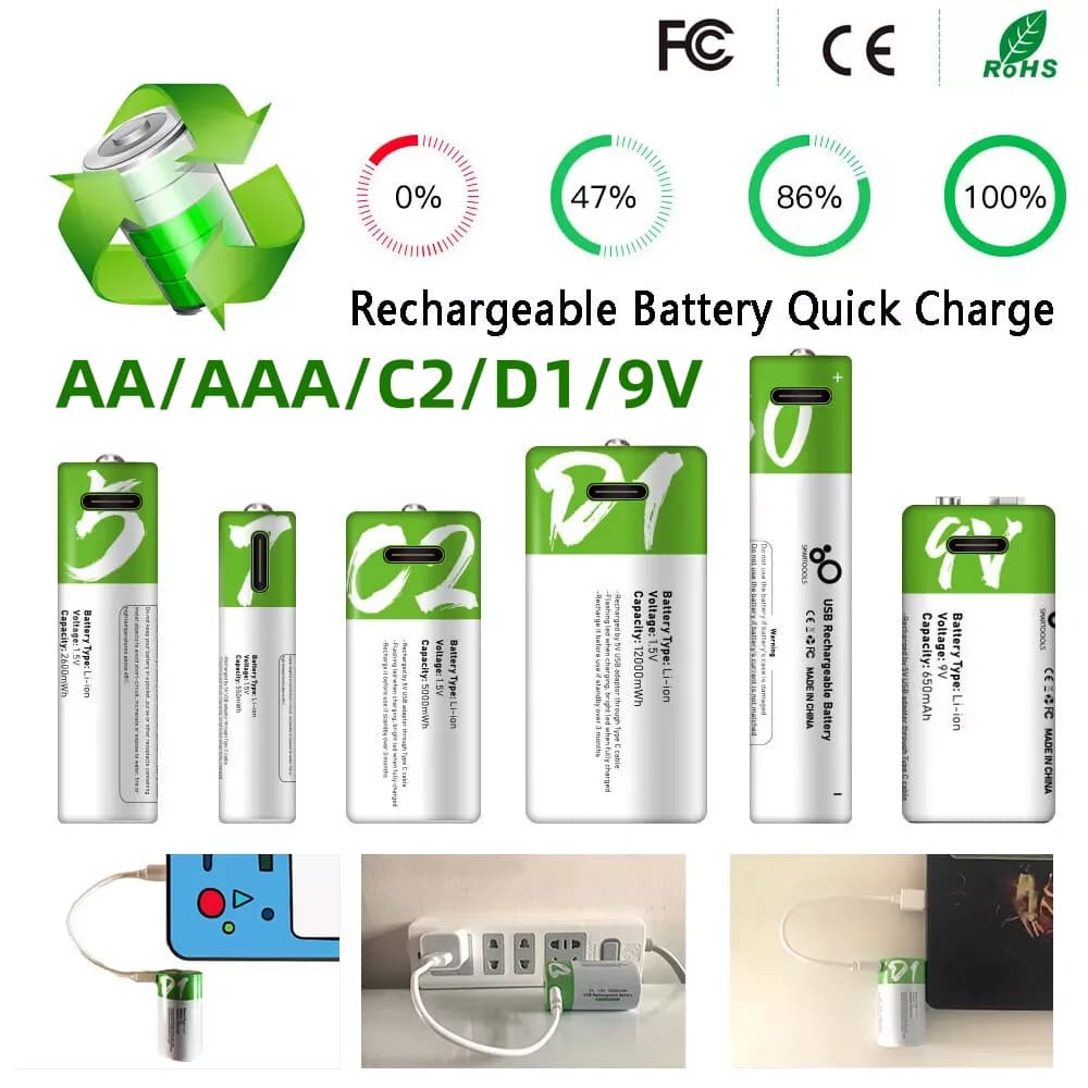 Batterie ricaricabili agli ioni di litio USB AAA/AA/9V/C2/D1 Batteria AAA 550mWH / Batteria AA 2600mWH / D dimensioni con cavo di ricarica rapida di tipo C