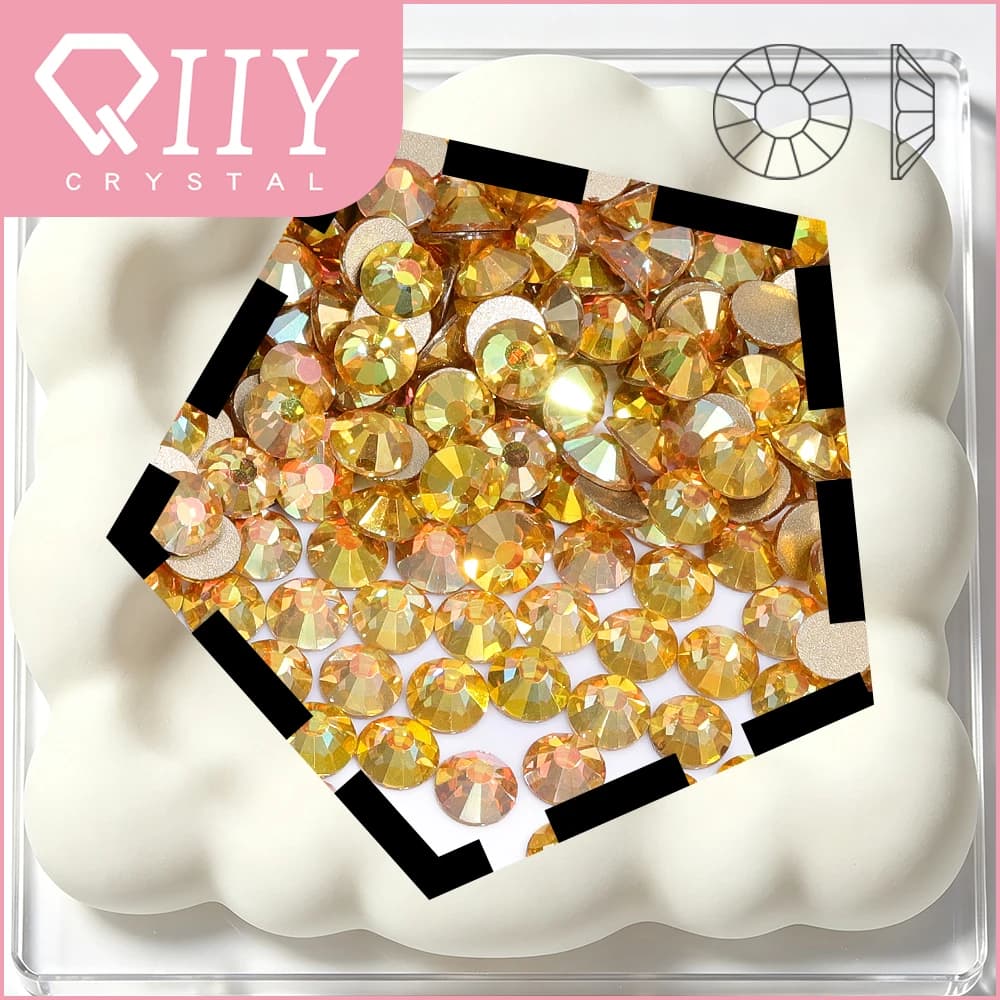 QIIY Metal Sunlight Gold Flatback Glue On Crystal Glass Rhinestones 3D Stones For DIY Nail Art Clothes Decoration Garment