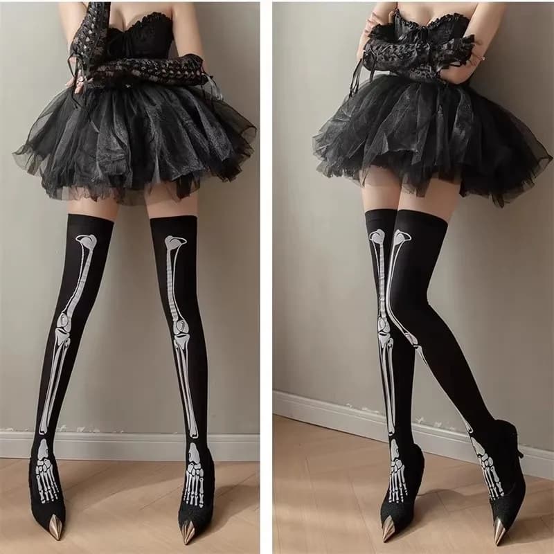 Autumn Winter Halloween Socks Y2K Skeleton Long Stockings Black Silk Over Knee Black Women's Socks Cosplay High Leg Socks