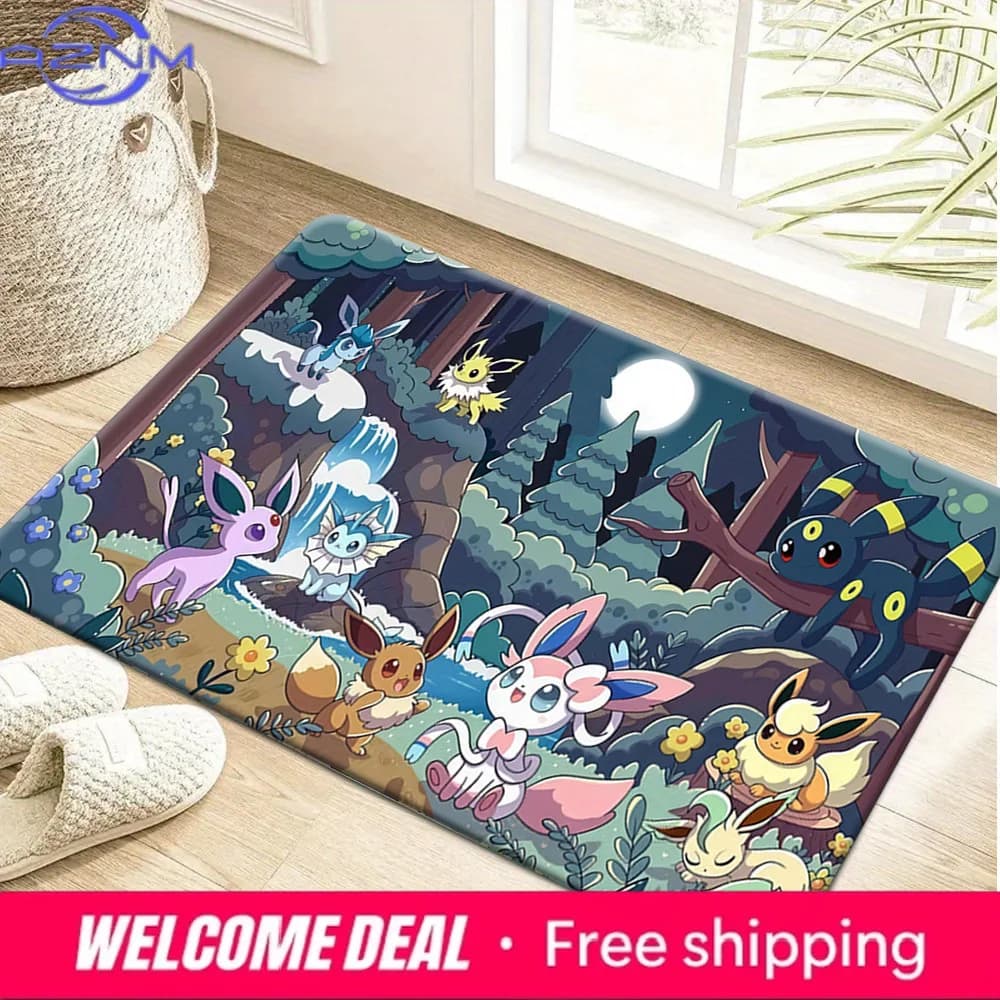 Tappetino antiscivolo con stampa Pokemon Eevee Evolution Night Forest, tappeto morbido e assorbente per la decorazione domestica