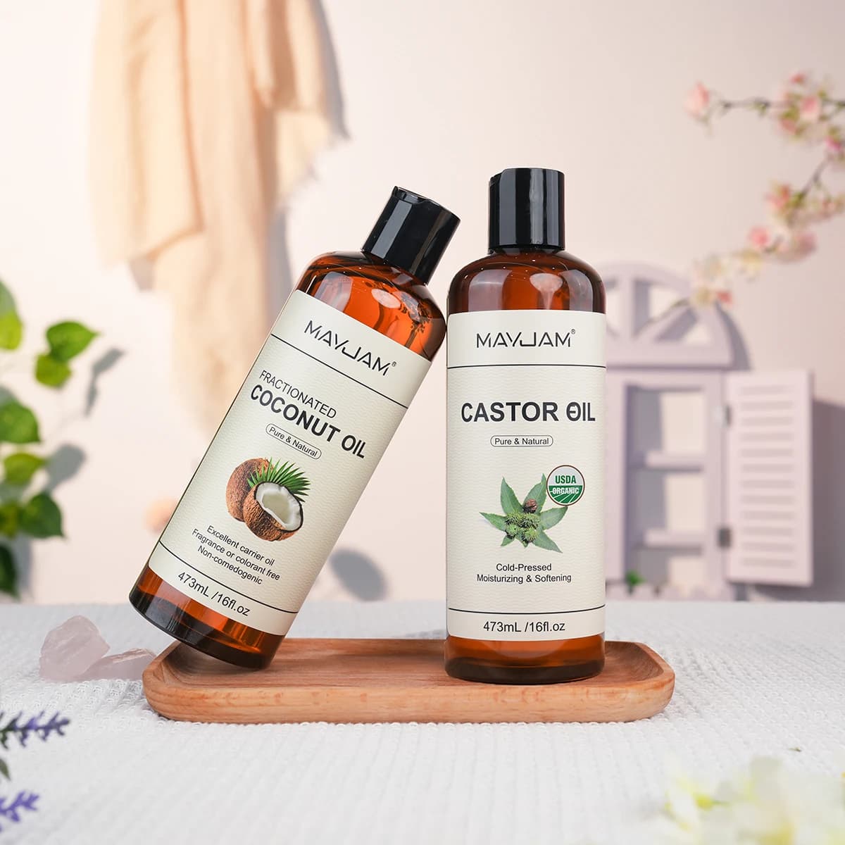 MAYJAM 473ml Pure Organic Castor Oil Cold Pressed Fractionated Coconut Oil Moisturizing for Skin & Hair Care ,Body Massage Oil Dilute Essential Oil