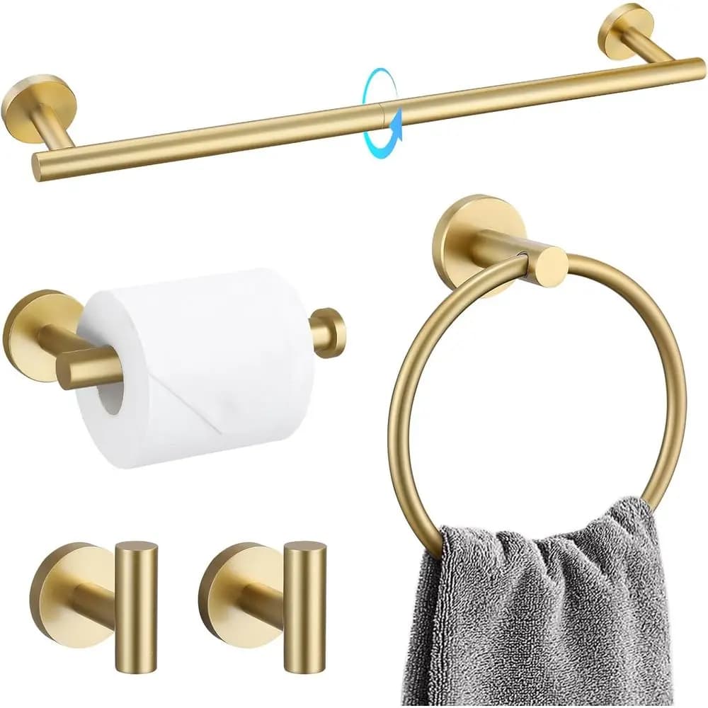 Set di accessori da bagno in acciaio inox spazzolato oro a 5 pezzi, con portasciugamani e portaoggetti da 23,6 cm