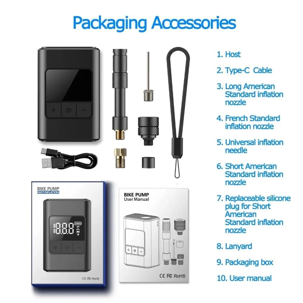 Mini Pompa per Bici Elettrica 120PSI USB-C Pompa di Aria per Bicicletta Elettrica Ricaricabile 1300mAh Gonfiatore Ad Alta Pressione Accessori Bici