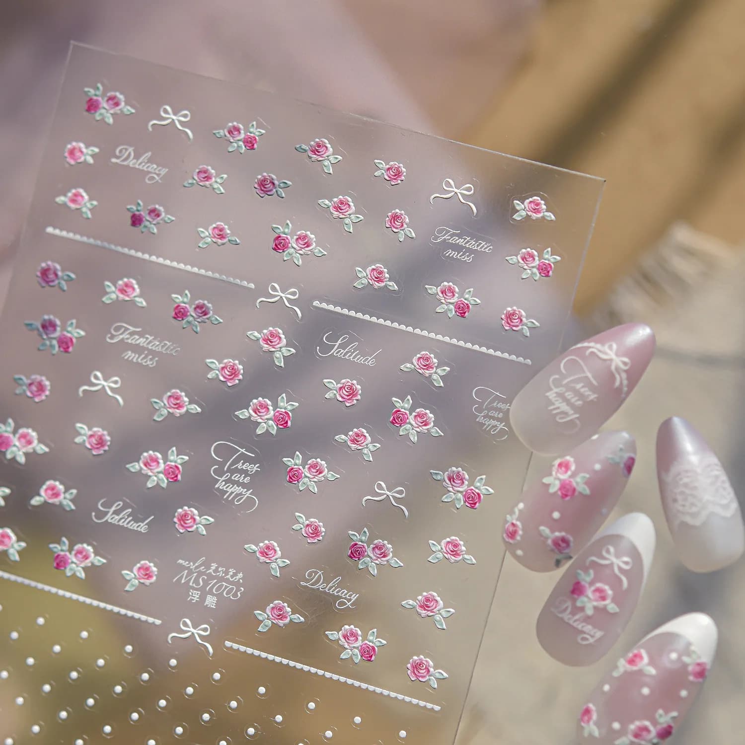 Adesivi per unghie in rilievo 5D, squisiti adesivi per nail art autoadesivi con motivo in pizzo bianco e rose rosa, per decorazioni unghie fai da te