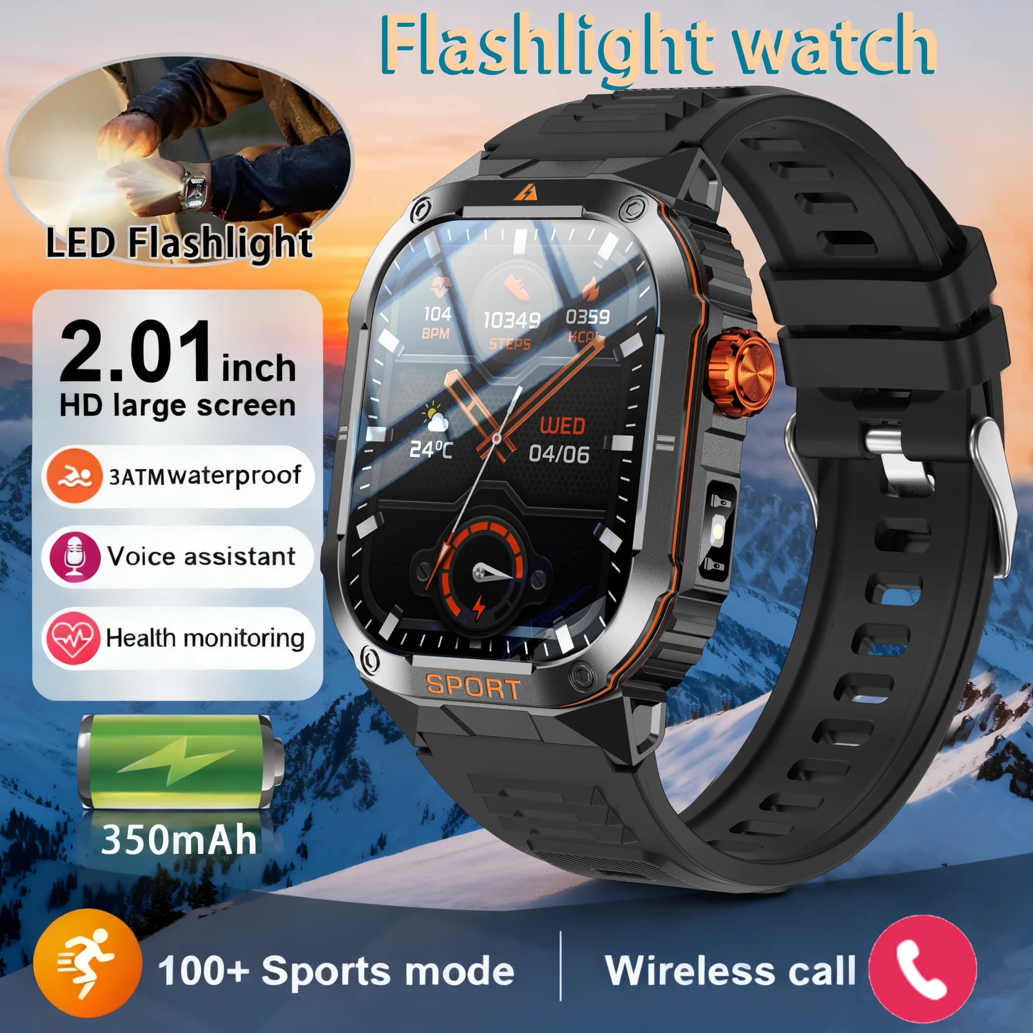 Nuovo Smartwatch Militare 2026 con Schermo da 2,01 Pollici, Batteria da 350 mAh, Impermeabile 3ATM, Torcia LED, Cardiofrequenzimetro, Tracker Sportivo per Uomo