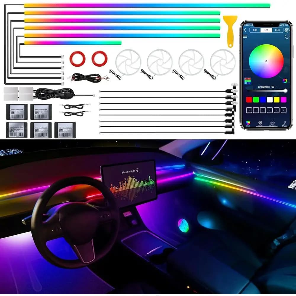 Dreamcolor Acrylic Interior Car LED Strip Light with WirelAPP, RGB 22 in 1 with 175 inches 600 LEDs iber Optic Ambient Lighting