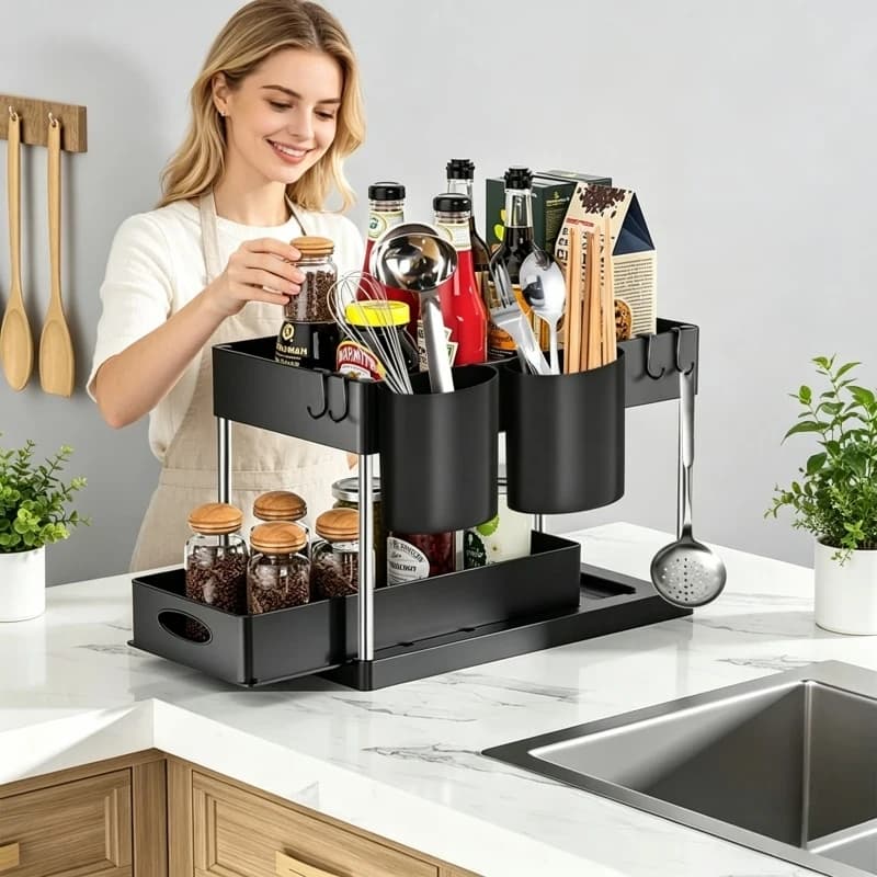 Organizzatore a Cesto Scorrevole a 2 Livelli Sottolavello con Ganci, Porta Tazze da Bagno e Cucina, Nero, 1 Pezzo