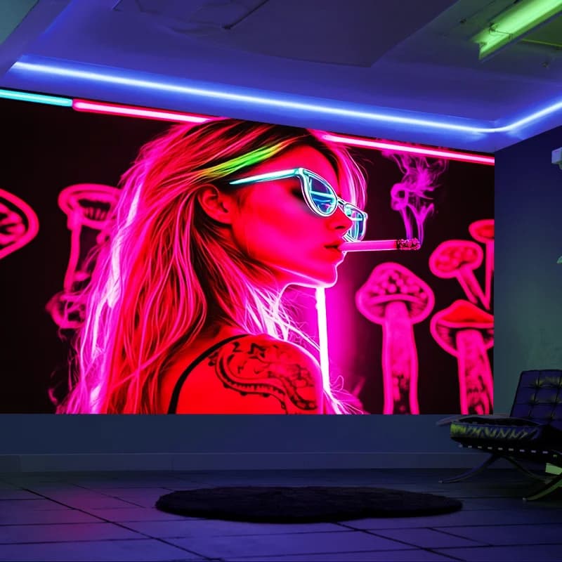 VIKAMA Neon Girl Tapestry psychedelic Wall Carpet Punk Girl and Mushroom Art Hanging Cloth Room Decoration