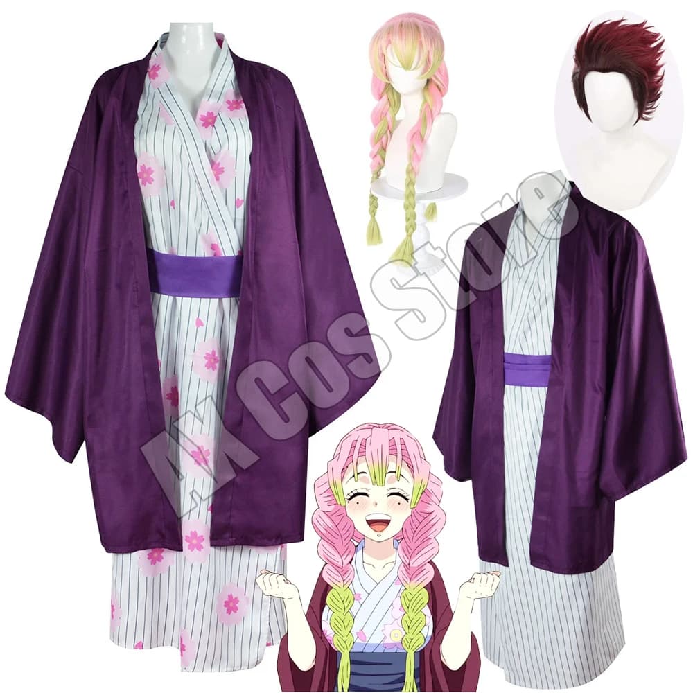 Costume Cosplay Kanroji Mitsuri, Kimono e Parrucca per Cosplay Anime Kamado Tanjirou, Costumi di Halloween per Adulti, Unisex