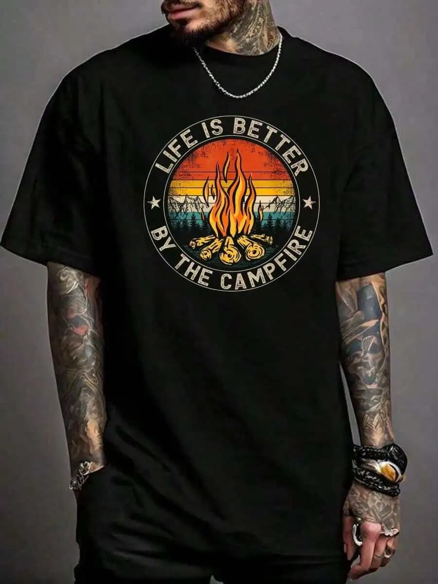 100% Cotton Camping Campfire Print T-Shirt For Men Casual Street Tee