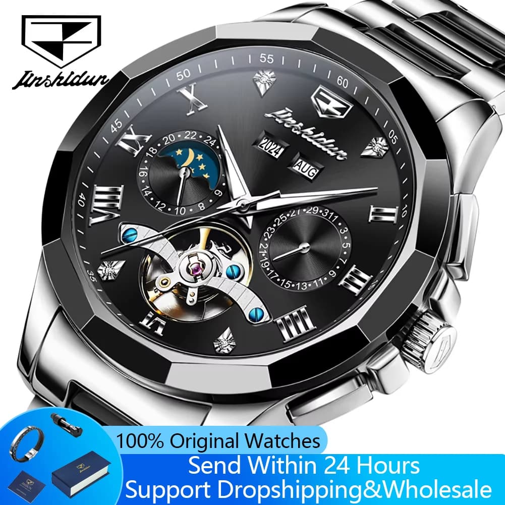 Orologio da uomo JSDUN 8949 con quadrante scheletrato, fasi lunari, movimento meccanico automatico, calendario, impermeabile, luminoso, orologio da polso business.