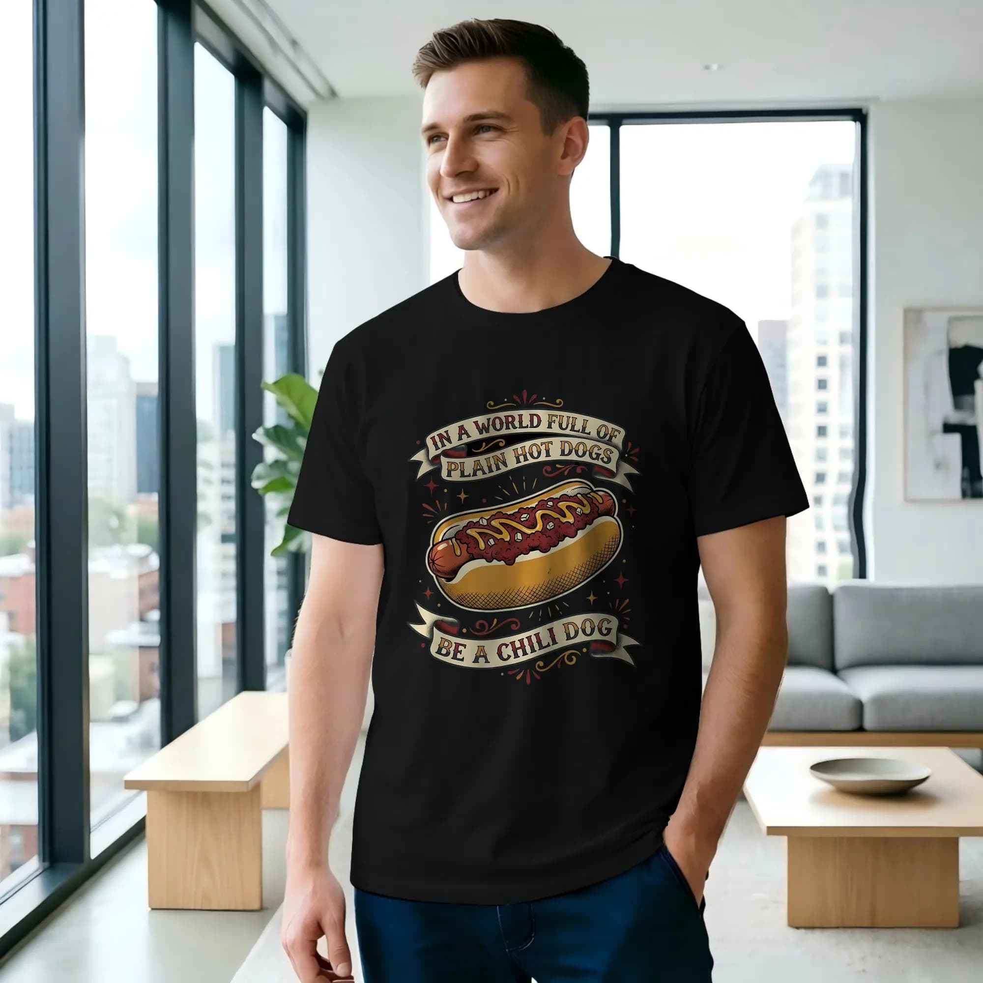 Maglietta in Cotone Puro a Maniche Corte con Collo Rotondo, Stampa 'In A World Full of Plain Men' e 'Hot Dogs', Nuova Collezione