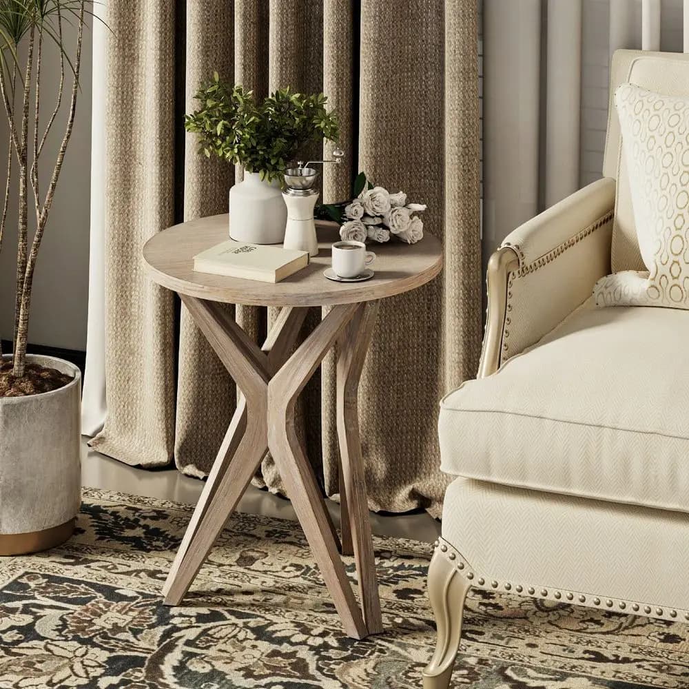 Tavolino da salotto con piedistallo, piano bianco anticato con base a treppiede, per soggiorno, moderno, stile boho, rotondo