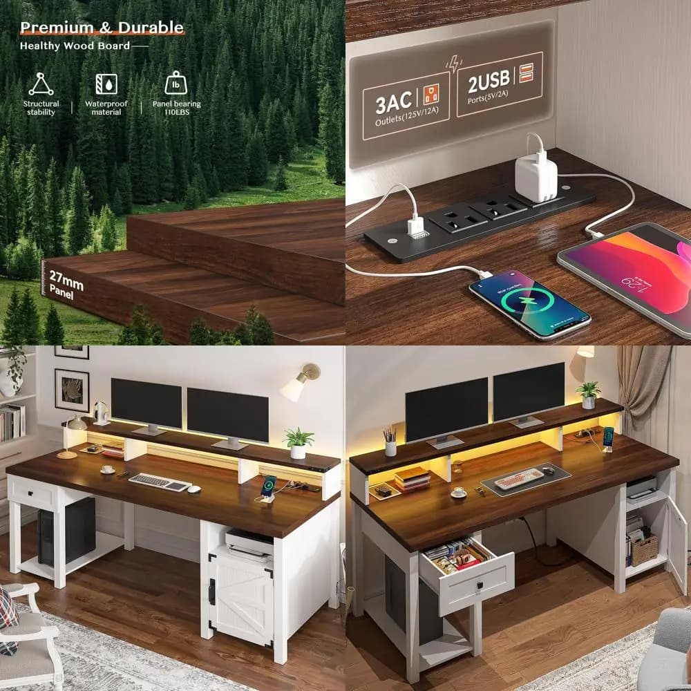 23 white office desk with container, monitor support, printer space and sockets for work, study and games