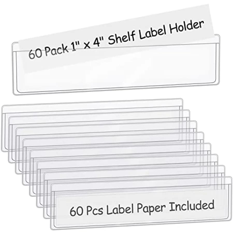 Confezione da 60 etichette autoadesive da 1,2 x 4,3 pollici con 60 inserti di carta per etichette, portaetichette per scaffali, tasche trasparenti per librerie