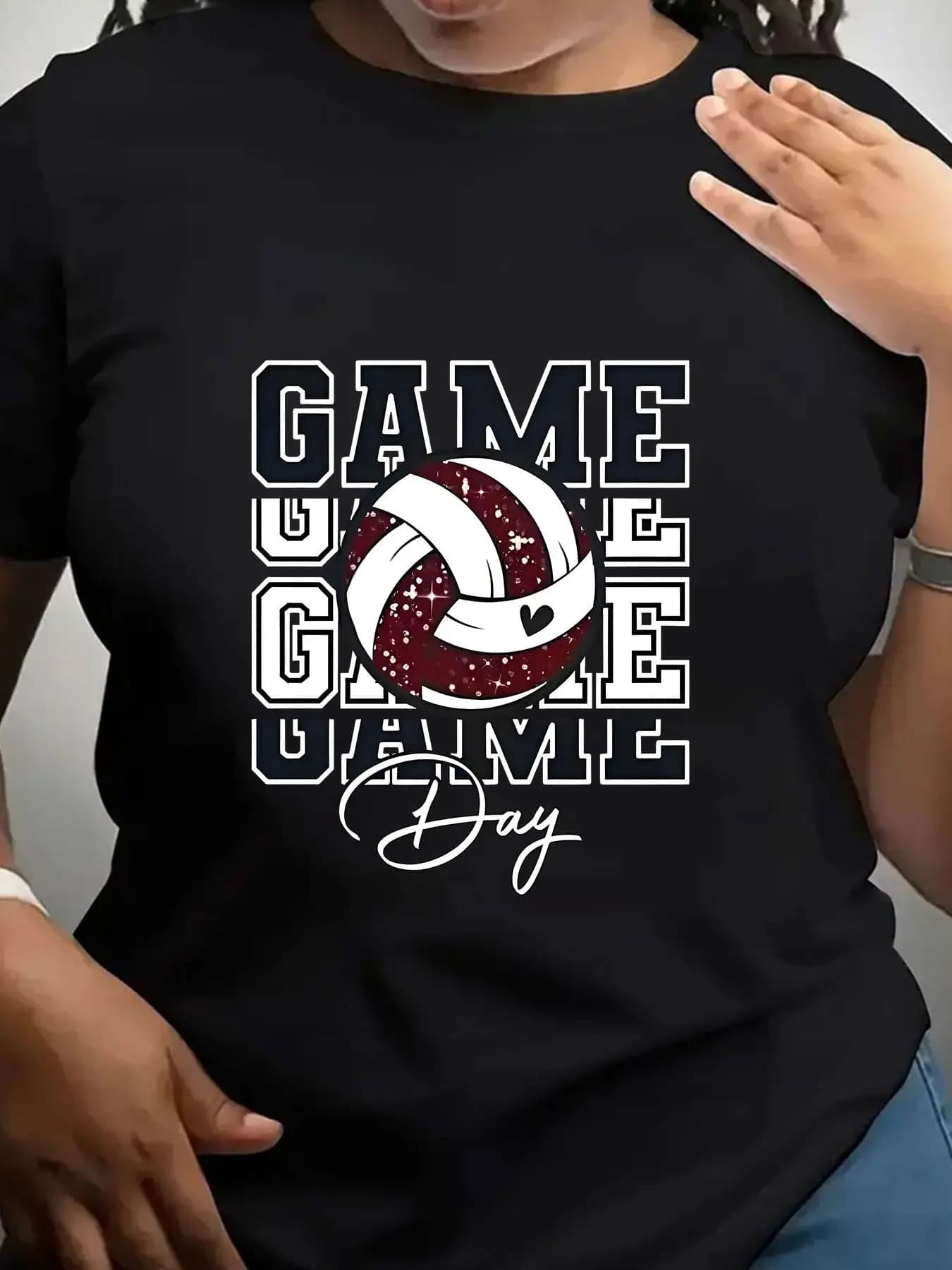 Women's Trendy Crew Neck T-Shirt Game Day Volleyball Graphic Print Suitable for Casual Sportswear