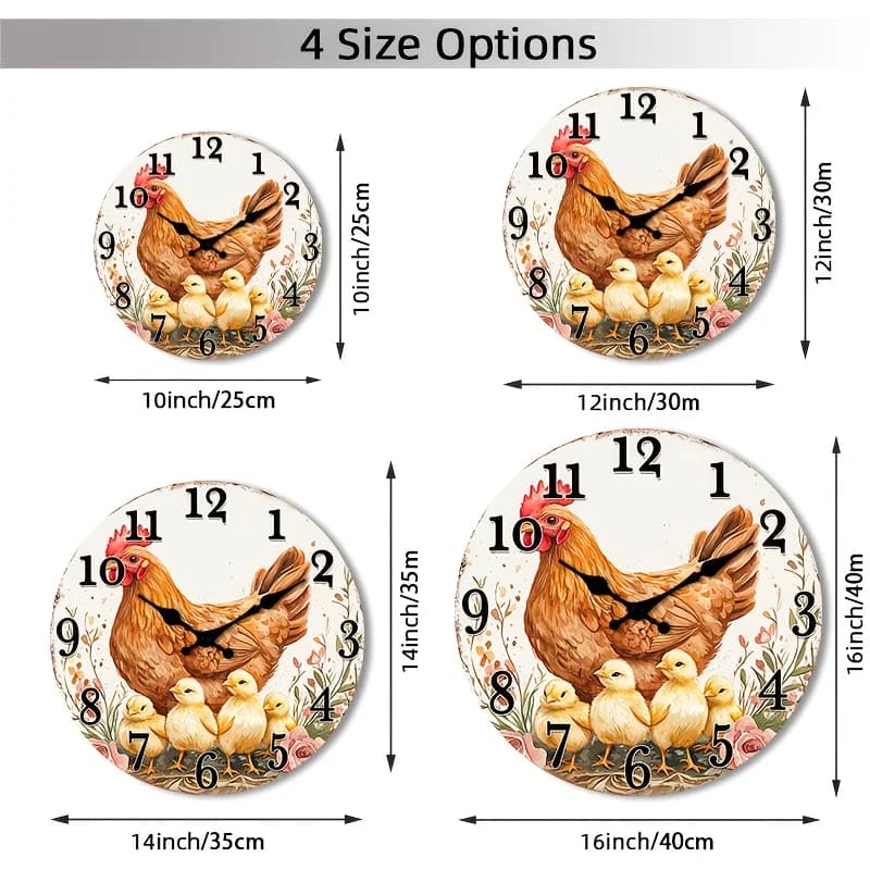 1pc 2D Flat Wall Clock Non-Ticking Wooden, Circular Clock Hen with chicks surrounded by flowers Design for Living Room, Bedroom, Kitchen, Entryway, Office 25.4cm 30.48cm 35.56cm 40.64cm (No Battery), 2D Flat