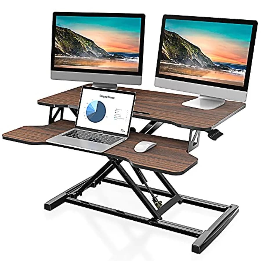 Scrivania Regolabile in Altezza per Ufficio Domestico, in Legno Ingegnerizzato Marrone, Supporto Doppio per Monitor con Supporto per Laptop, 3