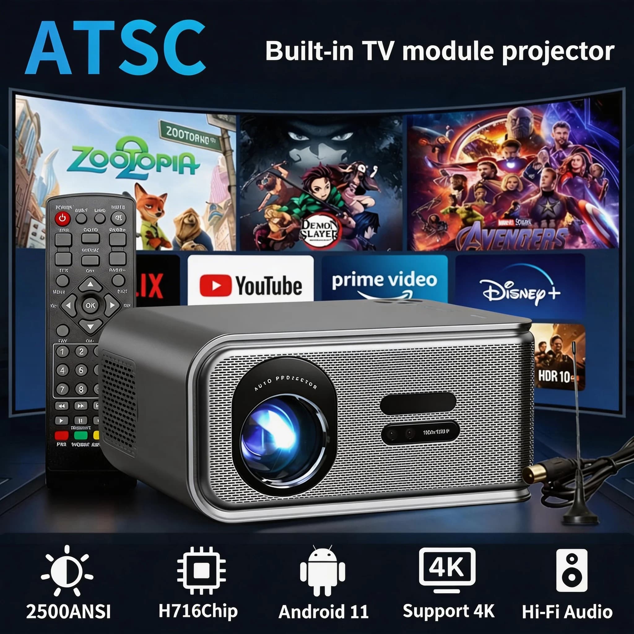 Proiettore 4K 2500ANSI Full HD 1920*1080P HDR10+ Google Play WiFi6 Altoparlante HiFi BT5.4 Con TV Digitale Gratuita DVB-T2/ATSC/IDSB-T