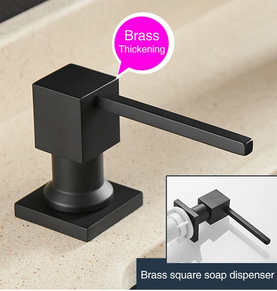 Dispenser di sapone per lavello quadrato nero in ottone bottiglia di plastica ABS da 400ml + dispenser di sapone liquido per lavello da cucina con pompa per lavaggio a mano
